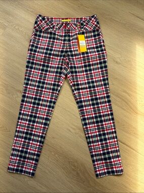 Plaid Stretchy Cropped Ankle Pants in Red, Navy & White - Women